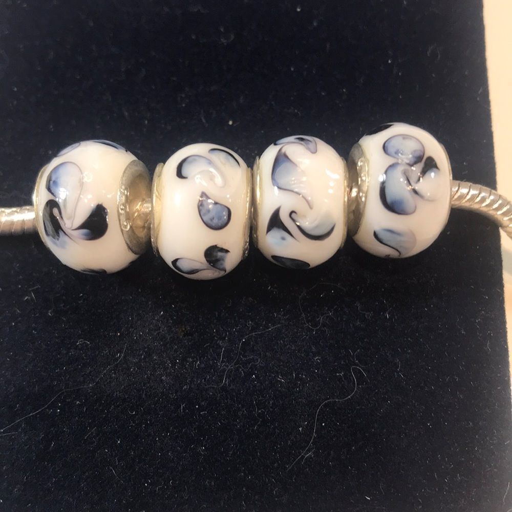 925 stamped Murano style Blue and White Glass Charms set of 4